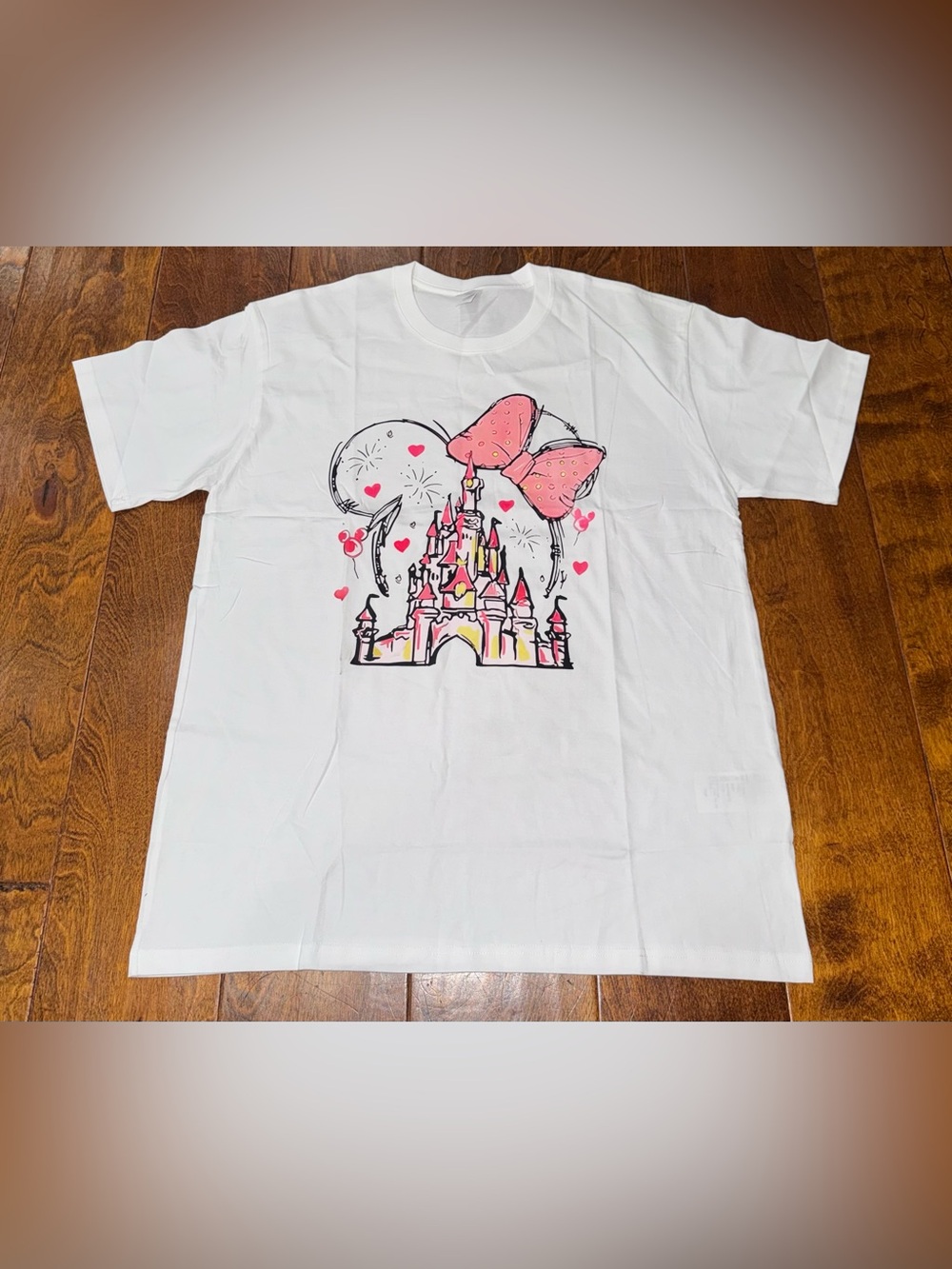 White Minnie Pink Castle & Bow Graphic Women’s T-Shirt